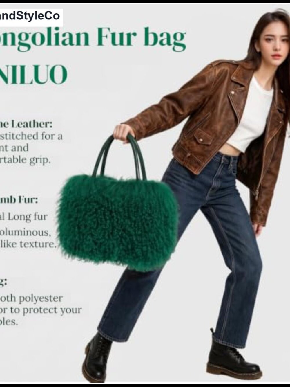 Real Mongolian Lamb Fur Hobo Bag Genuine Leather Handles Button Close - Picture 2 of 6